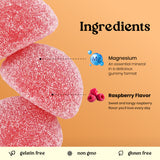 Ingredients infographic for a raspberry-flavored gummy product. The left side shows close-up pink sugar-coated gummies on an orange gradient background.