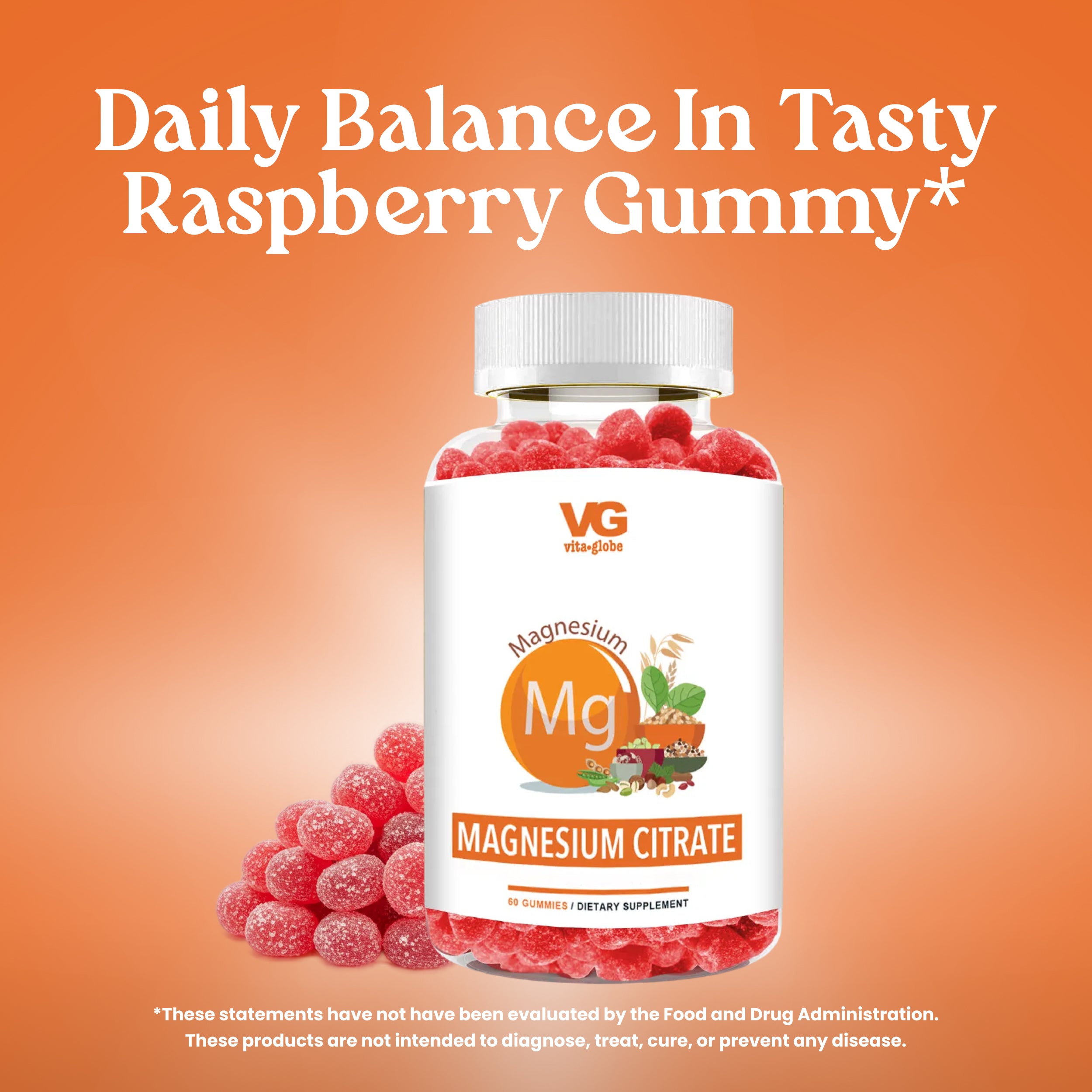 Vita Globe Magnesium Citrate gummy supplement bottle filled with red raspberry-flavored gummies on an orange background, with loose gummies displayed beside the bottle and product label visible.