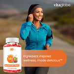 Vita Globe Magnesium Citrate gummy supplement bottle displayed beside a woman jogging outdoors, with brand logo and orange text banner visible.