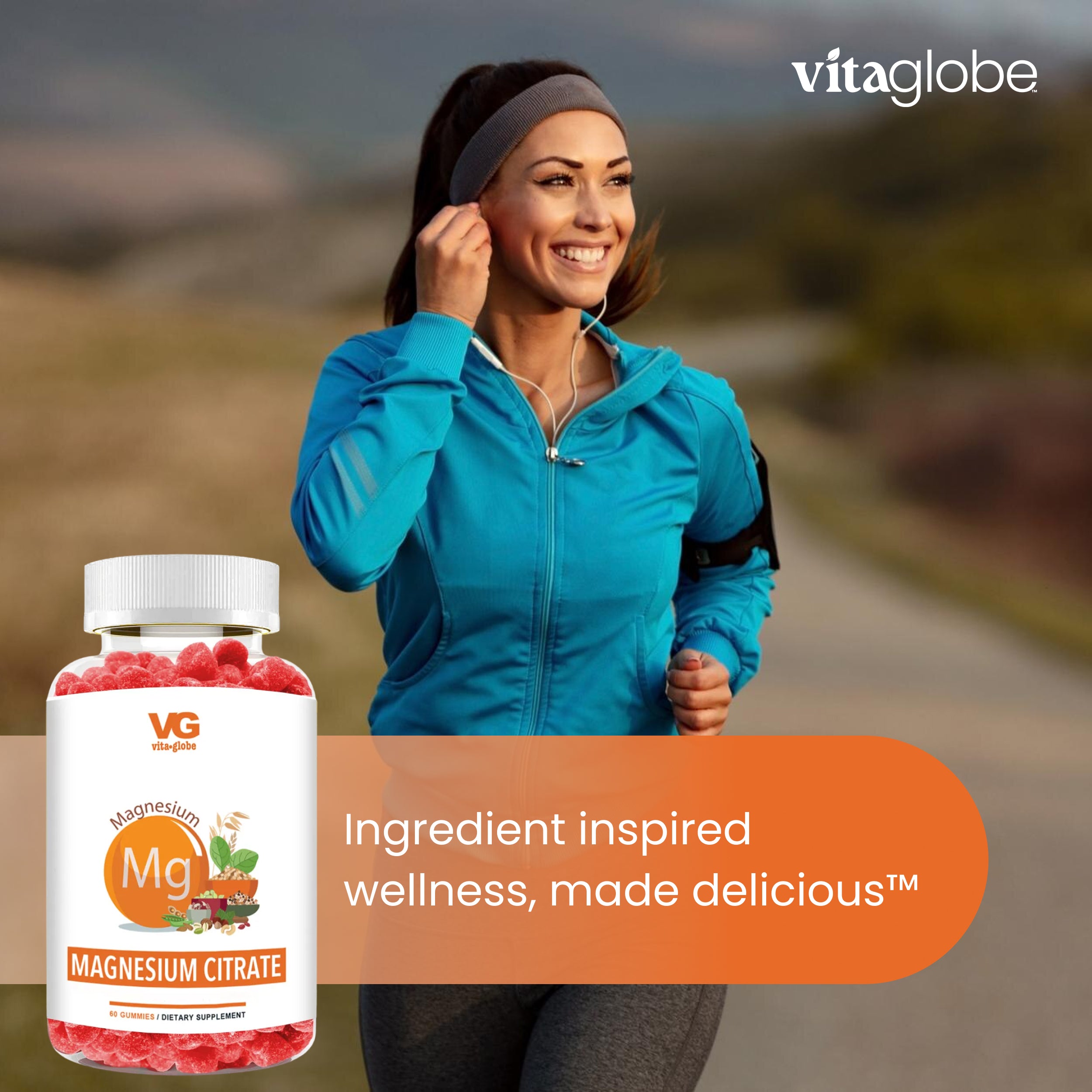 Vita Globe Magnesium Citrate gummy supplement bottle displayed beside a woman jogging outdoors, with brand logo and orange text banner visible.
