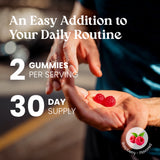 Two hands holding two gummy vitamins with text about daily routine and supply.