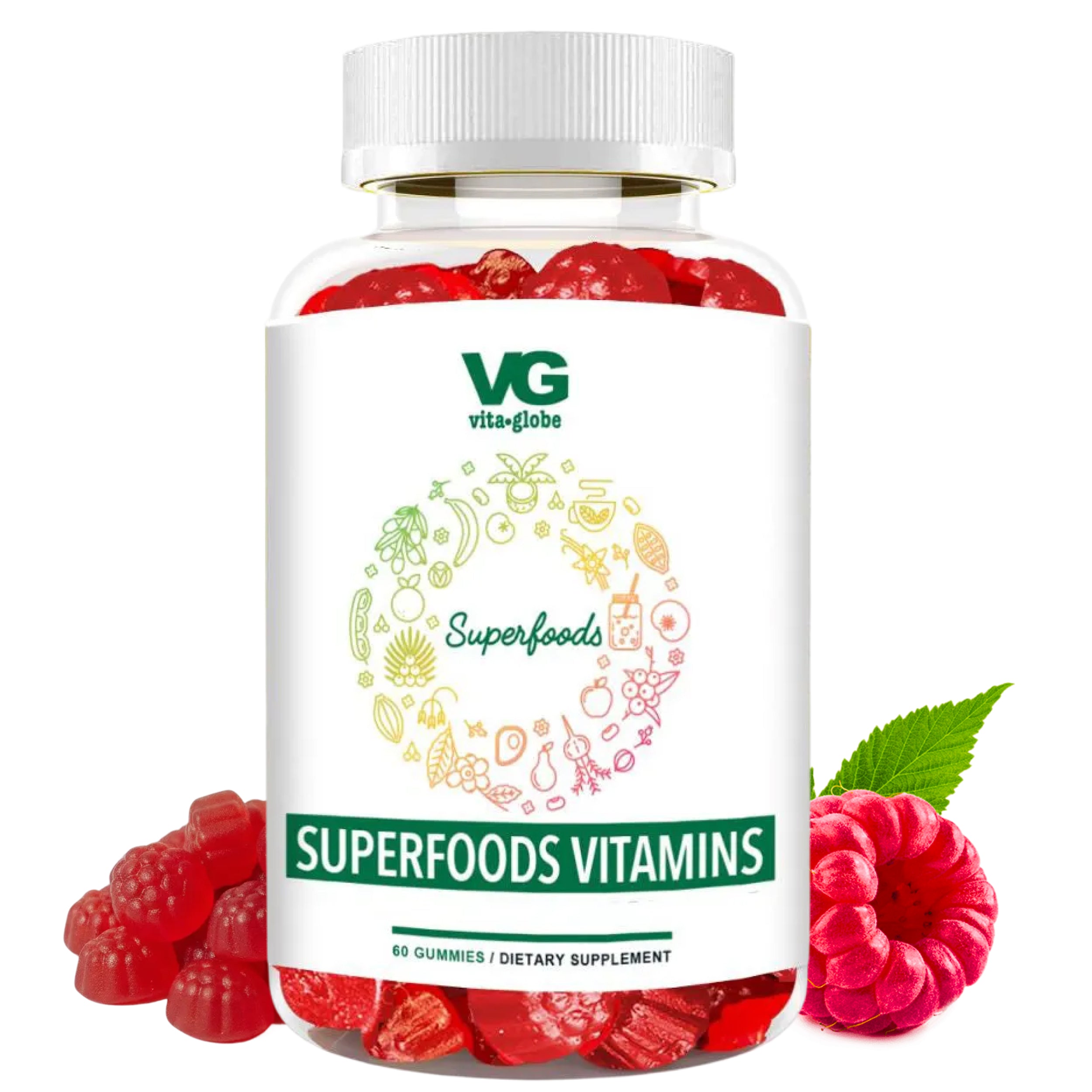 Superfoods vitamins gummy supplement bottle with raspberries on a white background