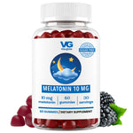 A bottle of vita-globes Melatonin 10 mg dietary supplement gummies, shown with red gummies inside a clear bottle, a white cap, and a white label with blue and yellow graphics. Blackberries and red gummies are shown as flavor/ingredient cues on a plain white background.