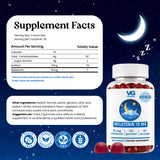 A bottle of VG Melatonin 10g gummies shown on a dark blue starry night background with a supplement facts panel and ingredient callout. The bottle is white with a blue label and red gummies are visible inside and in front.