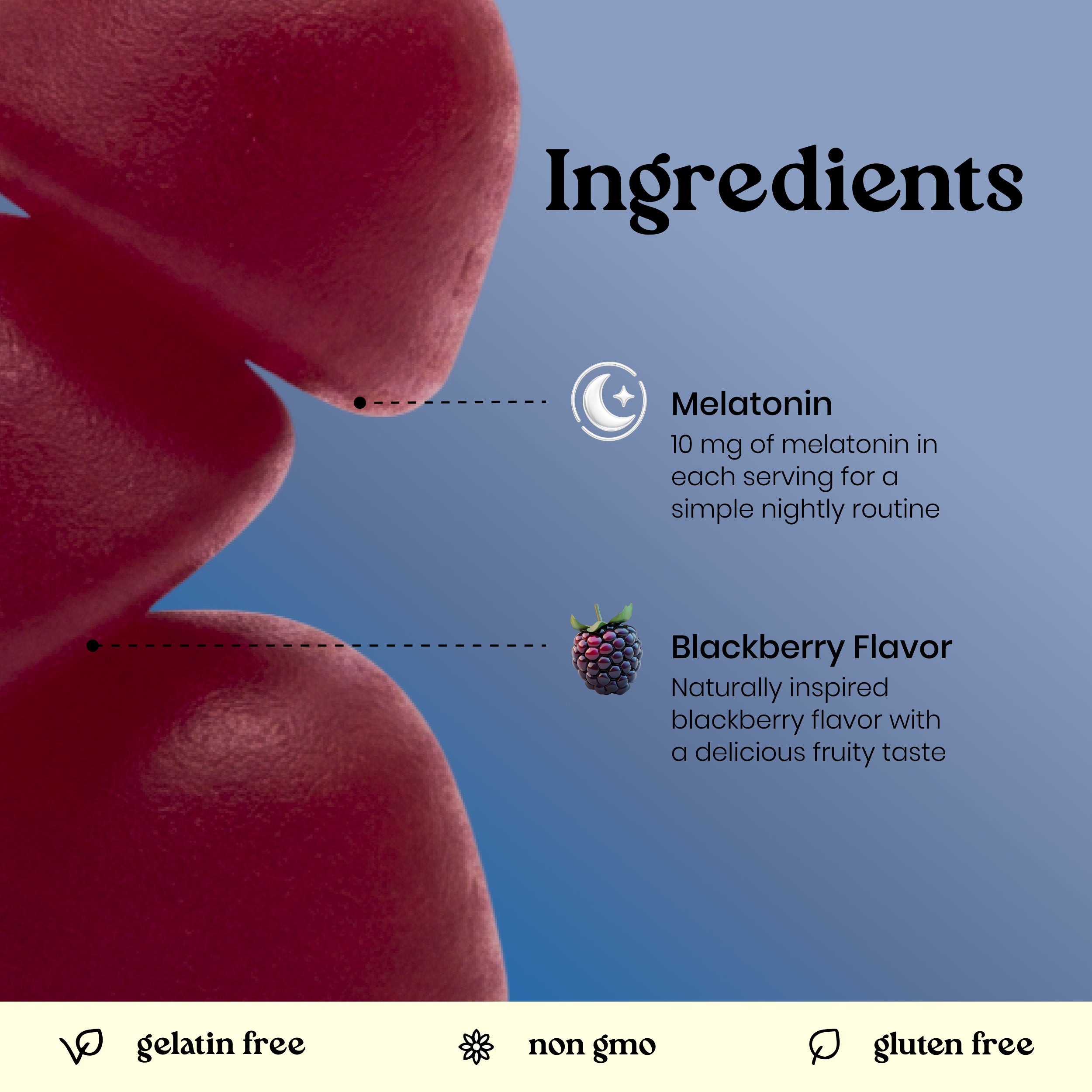 Ingredients graphic for a sleep supplement featuring melatonin and blackberry flavor, with a close-up of red berries on the left and text on a blue gradient background.