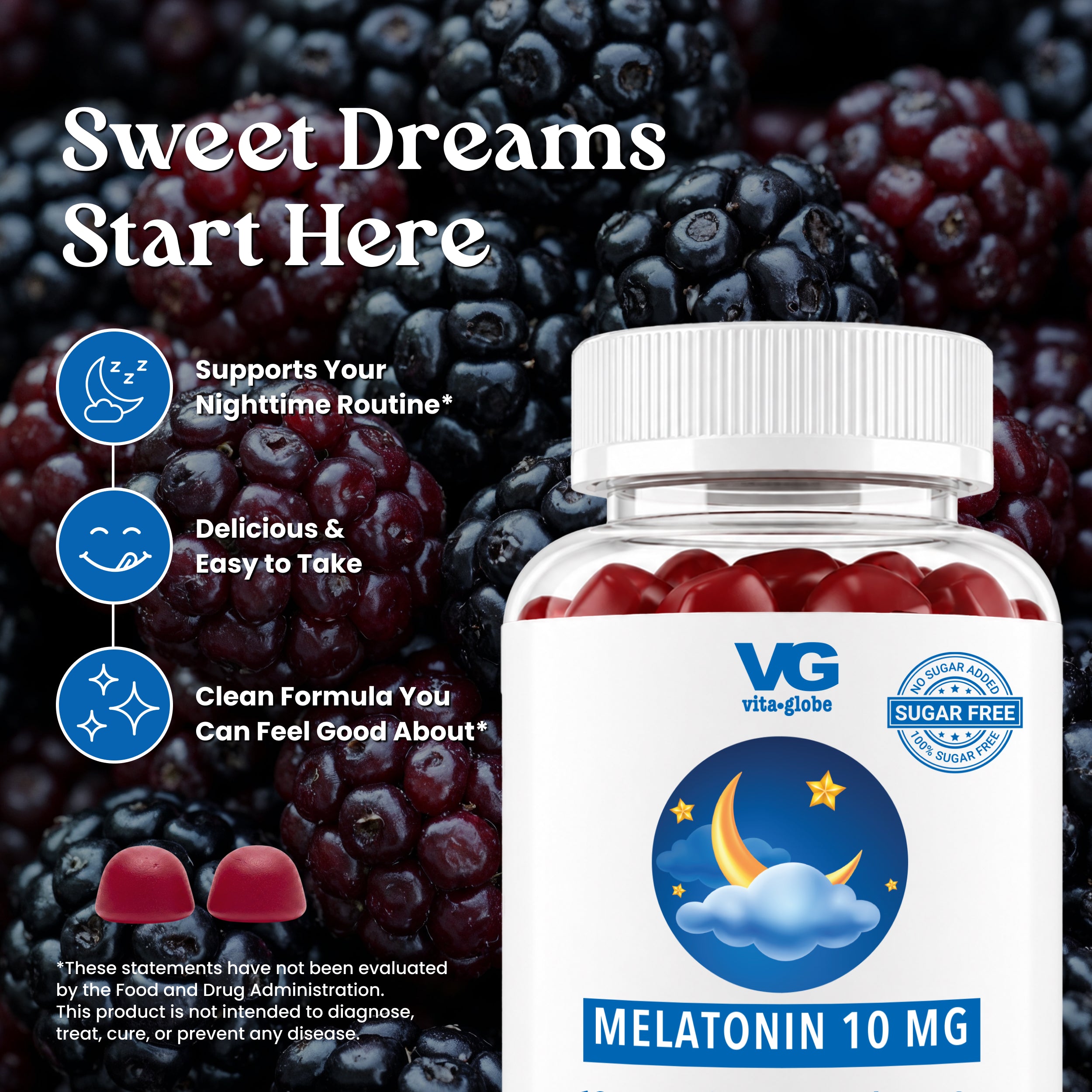A bottle of VG Vita-Globe Melatonin 10mg dietary supplement shown against a background of fresh blackberries. The bottle is white with a white cap and features a blue and yellow moon graphic on the label.