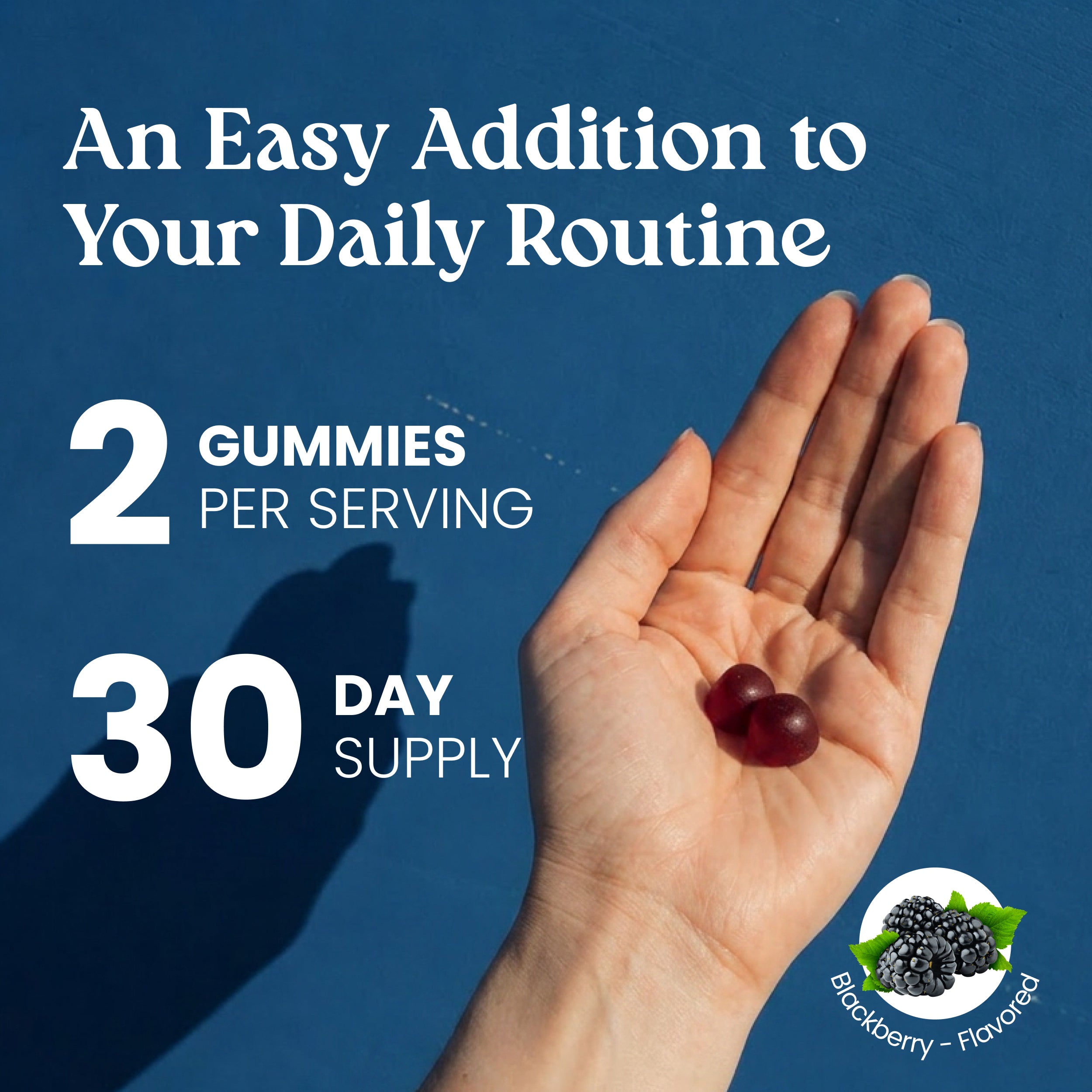 Promotional graphic for a berry-flavored gummy supplement showing a hand holding two dark red gummies against a blue background with text reading 'An Easy Addition to Your Daily Routine,' '2 Gummies Per Serving,' and '30 Day Supply,' plus a 'Blackberry - Flavored' badge.