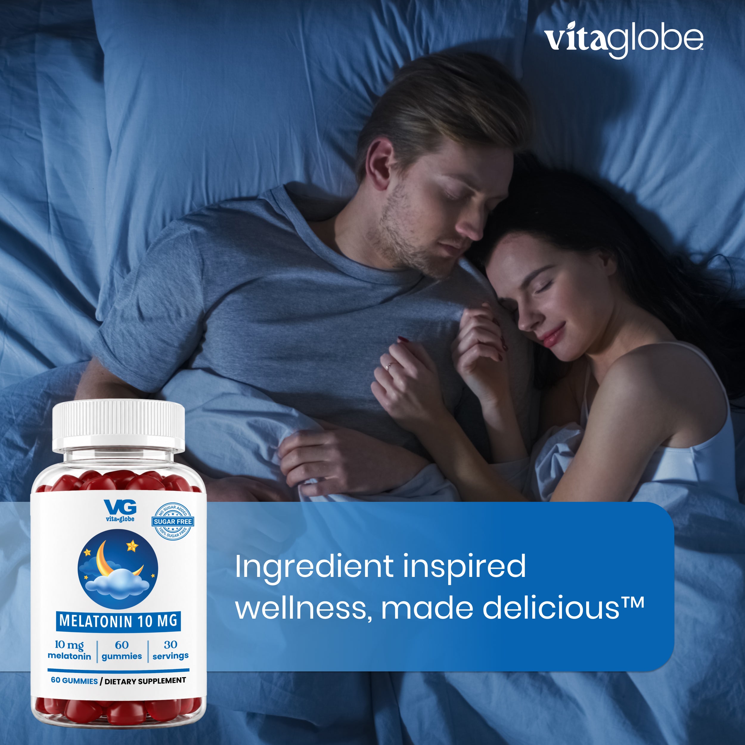 Vitaglobe Melatonin 10 mg dietary supplement bottle shown in the foreground over a lifestyle background of a couple sleeping peacefully in bed under blue covers.