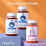 Three supplement bottles from VG and the Child's Sleep arranged on a gradient orange background with text reading 'Sleep Support Bundle.' The bottles contain red gummies and have white labels with blue and purple branding and dosage details.