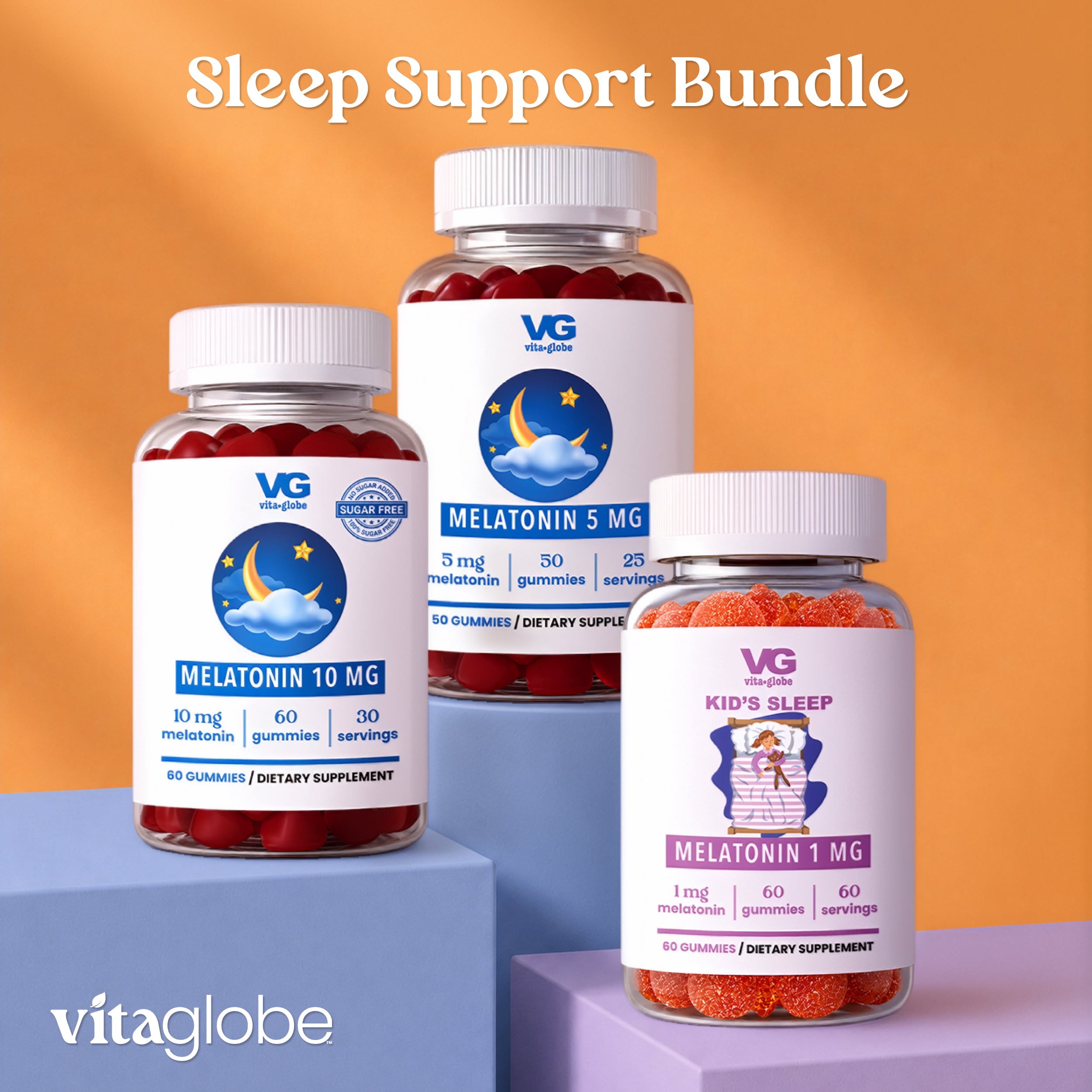 Three supplement bottles from VG and the Child's Sleep arranged on a gradient orange background with text reading 'Sleep Support Bundle.' The bottles contain red gummies and have white labels with blue and purple branding and dosage details.