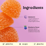 An ingredients graphic for a gummy candy product on a pink background. Large orange sugar-coated gummies are shown on the left, with text reading 'Ingredients' and callouts for 'Melatonin' and 'Blueberry Flavor.