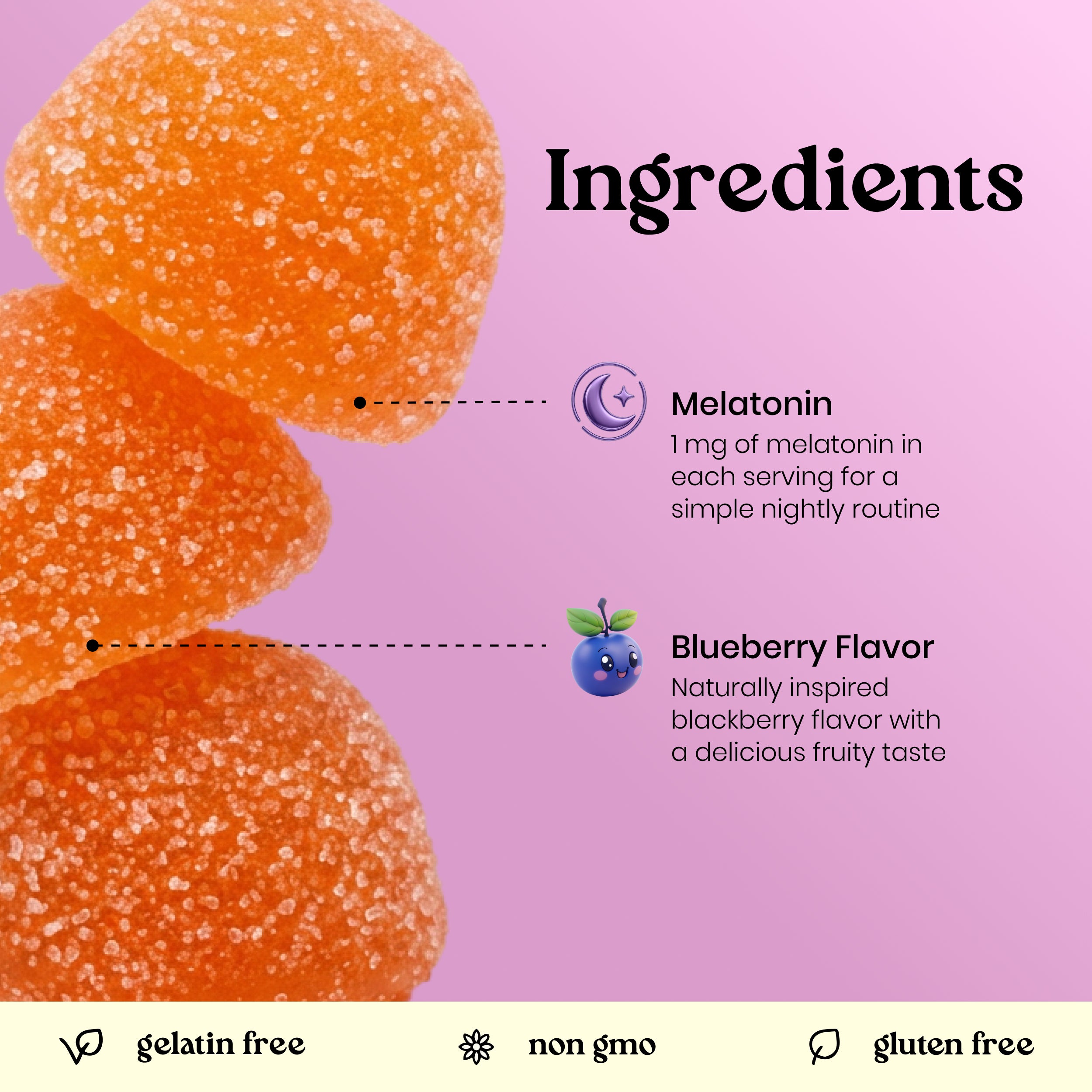 An ingredients graphic for a gummy candy product on a pink background. Large orange sugar-coated gummies are shown on the left, with text reading 'Ingredients' and callouts for 'Melatonin' and 'Blueberry Flavor.