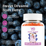A bottle of VG Vita-Globe Kid's Sleep Melatonin 1mg gummies, featuring orange-red gummy bears inside a clear bottle with a white cap and white label, set against a background of fresh blueberries with promotional text.