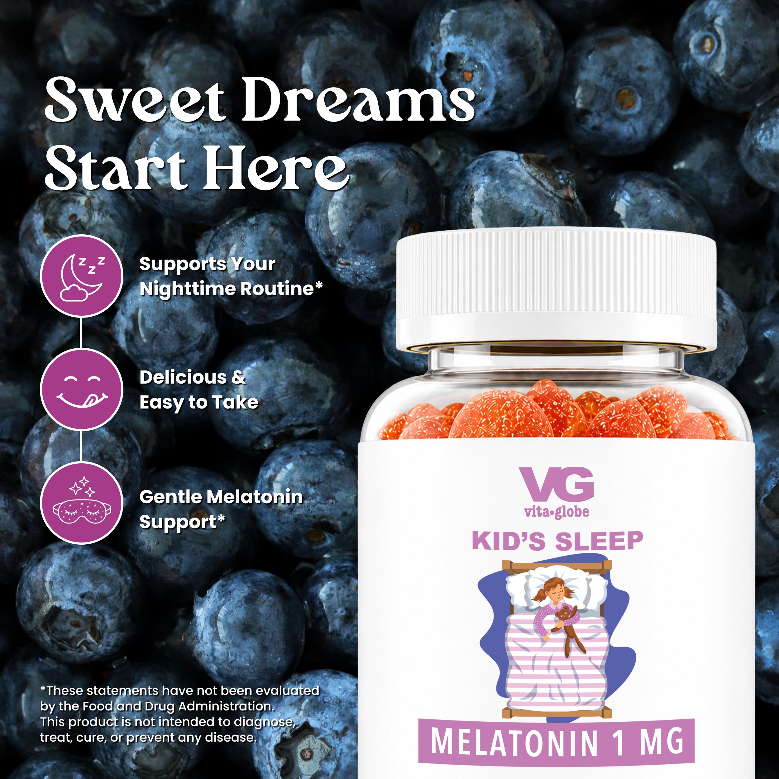 A bottle of VG Vita-Globe Kid's Sleep Melatonin 1mg gummies, featuring orange-red gummy bears inside a clear bottle with a white cap and white label, set against a background of fresh blueberries with promotional text.