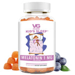 Vitaglobe Kids' Sleep supplement bottle with gummy bears and blueberries on a white background