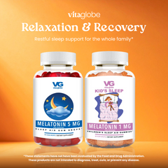Two bottles of Vitaglobe Melatonin supplements on an orange background