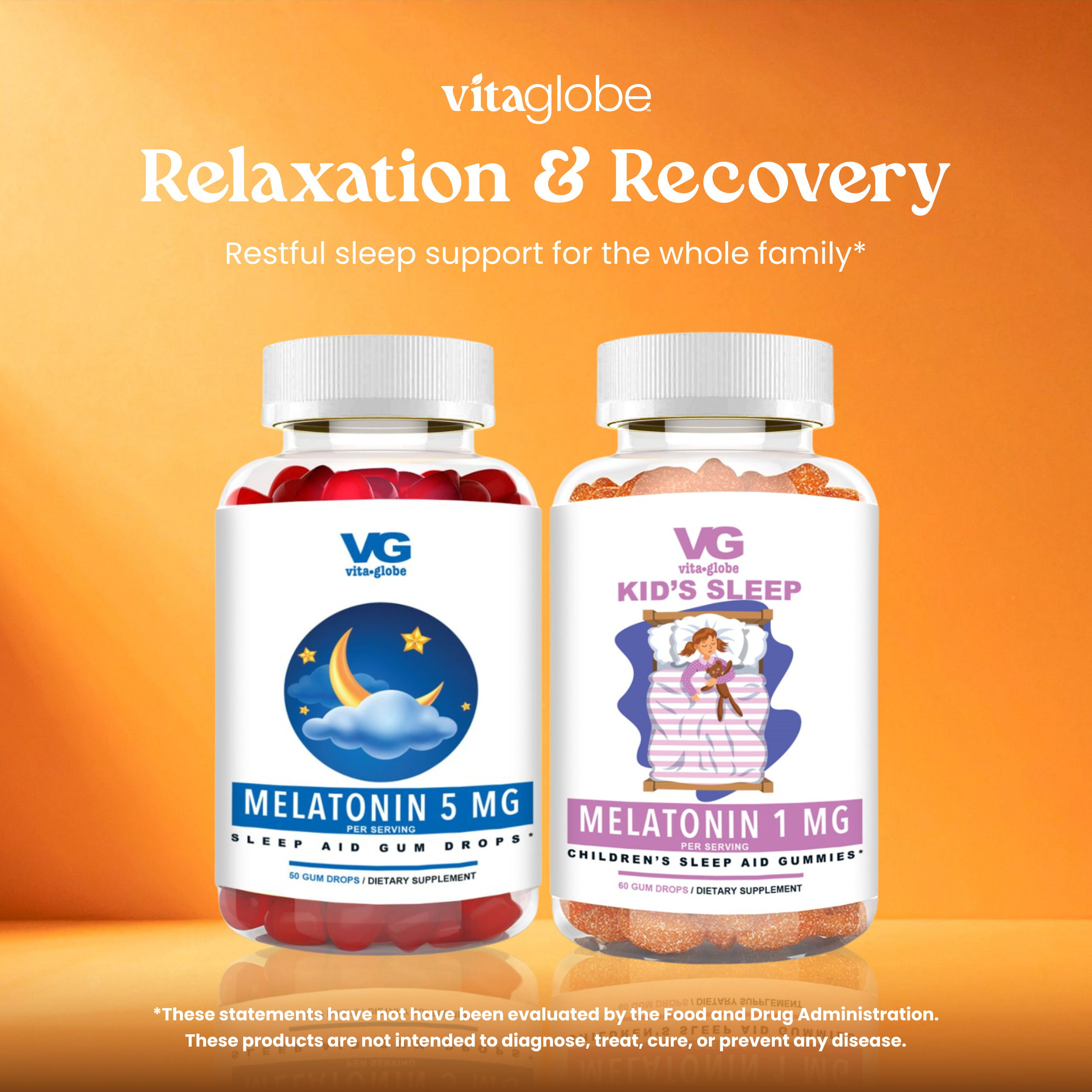 Two bottles of Vitaglobe Melatonin supplements on an orange background
