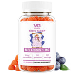 Vita-Globo Kids Sleep Melatonin gummies in a jar with blueberries and oranges on a white background