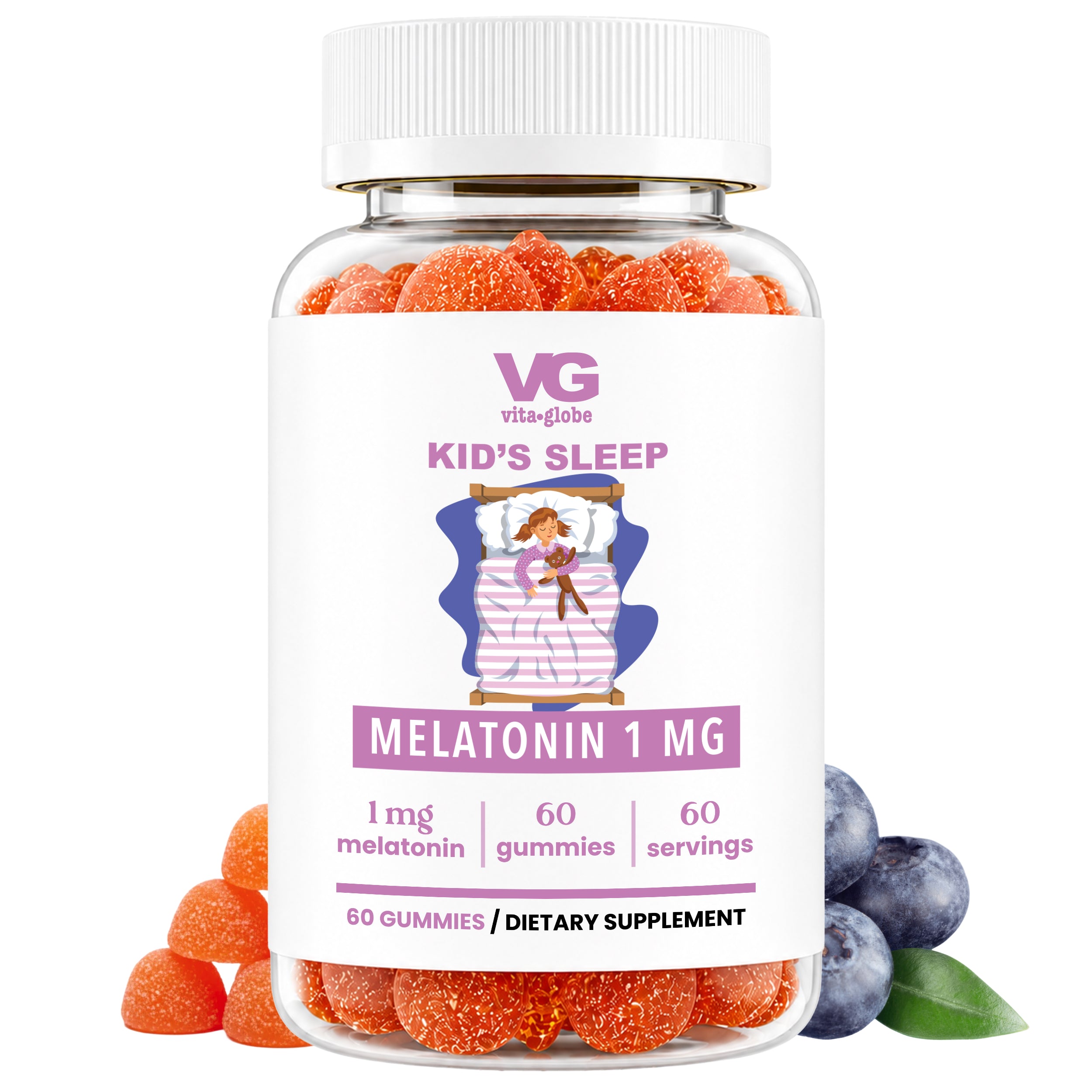 Vita-Globo Kids Sleep Melatonin gummies in a jar with blueberries and oranges on a white background