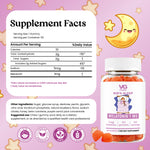VG Kids Sleep Melatonin 1mg gummy supplement bottle with a white cap and white label, shown next to a Supplement Facts panel and ingredient list on a pink background with stars and a crescent moon.