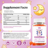 VG Kids Sleep Melatonin 1mg gummy supplement bottle with a white cap and white label, shown next to a Supplement Facts panel and ingredient list on a pink background with stars and a crescent moon.