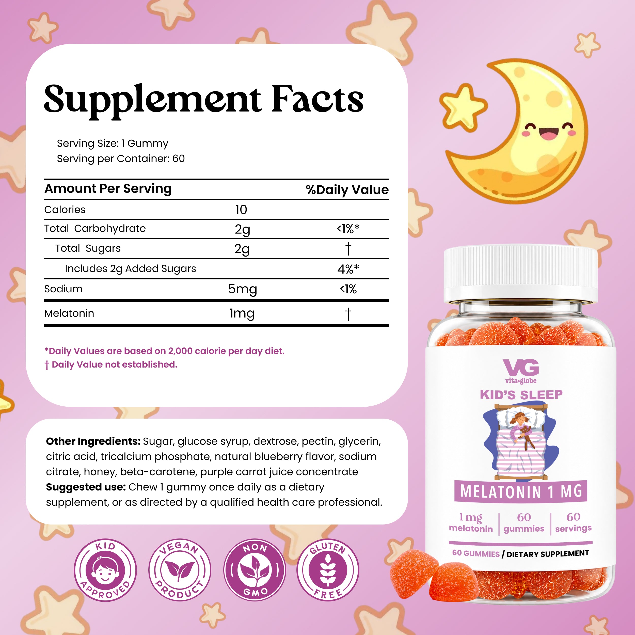 VG Kids Sleep Melatonin 1mg gummy supplement bottle with a white cap and white label, shown next to a Supplement Facts panel and ingredient list on a pink background with stars and a crescent moon.