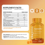 Vita Globe Turmeric+ Gummies 60ct Supplement Facts: 250mg turmeric, 12mg ginger root and 100mcg black pepper extract per 2-gummy serving, peach flavor