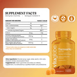 Vita Globe Turmeric+ Gummies 60ct Supplement Facts: 250mg turmeric, 12mg ginger root and 100mcg black pepper extract per 2-gummy serving, peach flavor