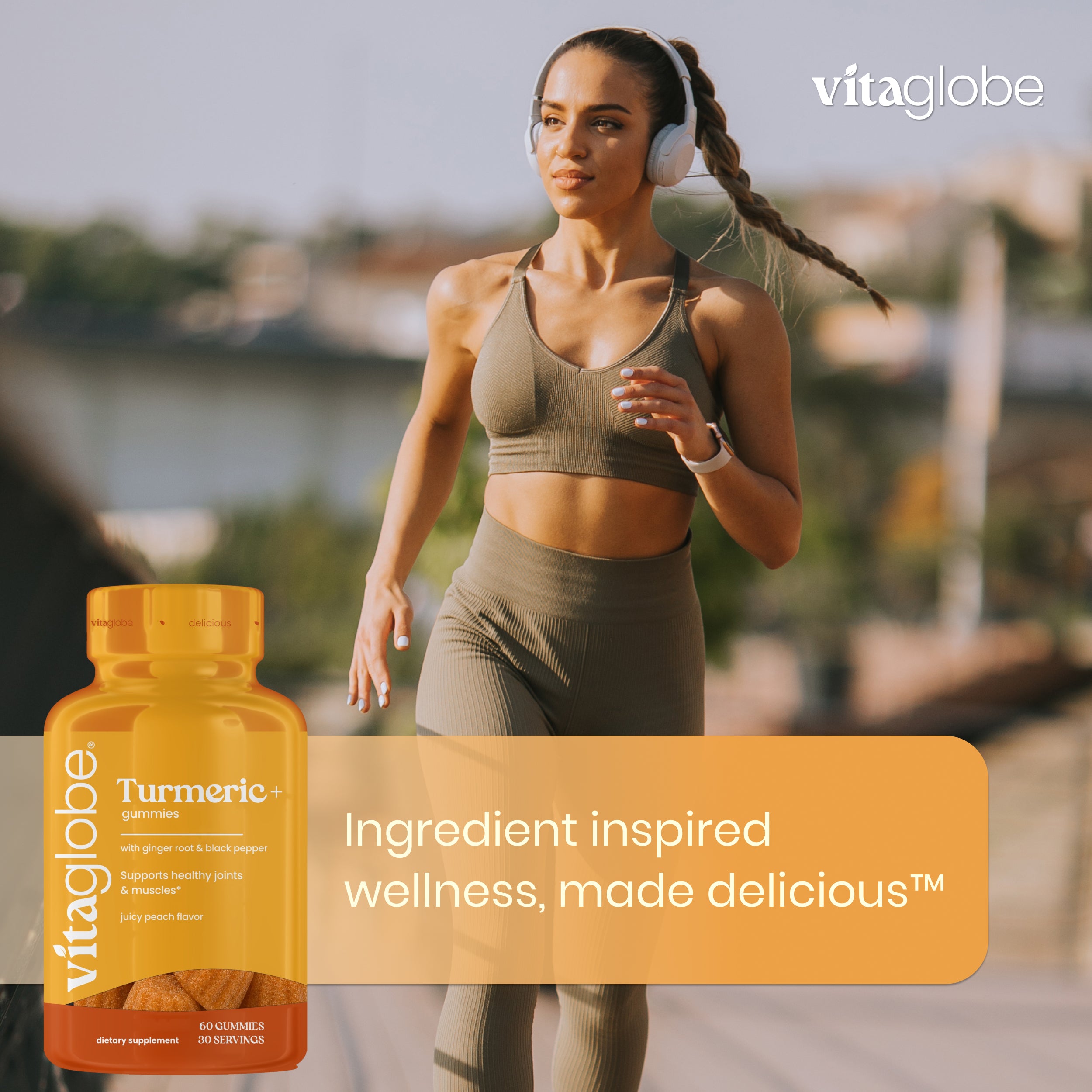 Woman running outdoors with a bottle of Vita Globe Turmeric+ Gummies with ginger and black pepper