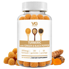 A bottle of VG Vitality Labs Turmeric with Ginger & Black Pepper dietary supplement gummies, shown with loose turmeric roots and slices on a clean white background.