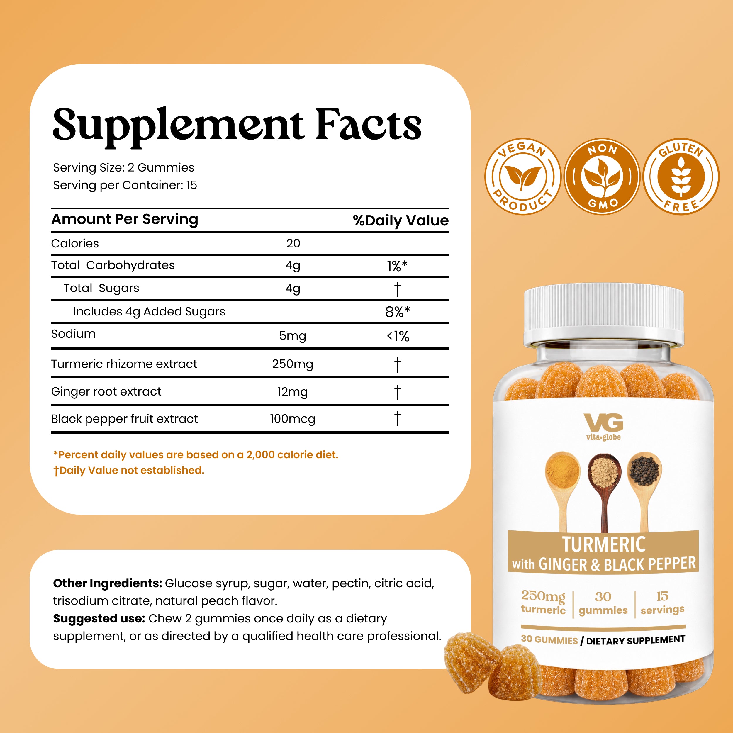 VG Turmeric gummy supplement bottle and supplement facts panel on a warm beige background. The white bottle with a white cap contains orange turmeric gummies, with a few loose gummies shown in front.