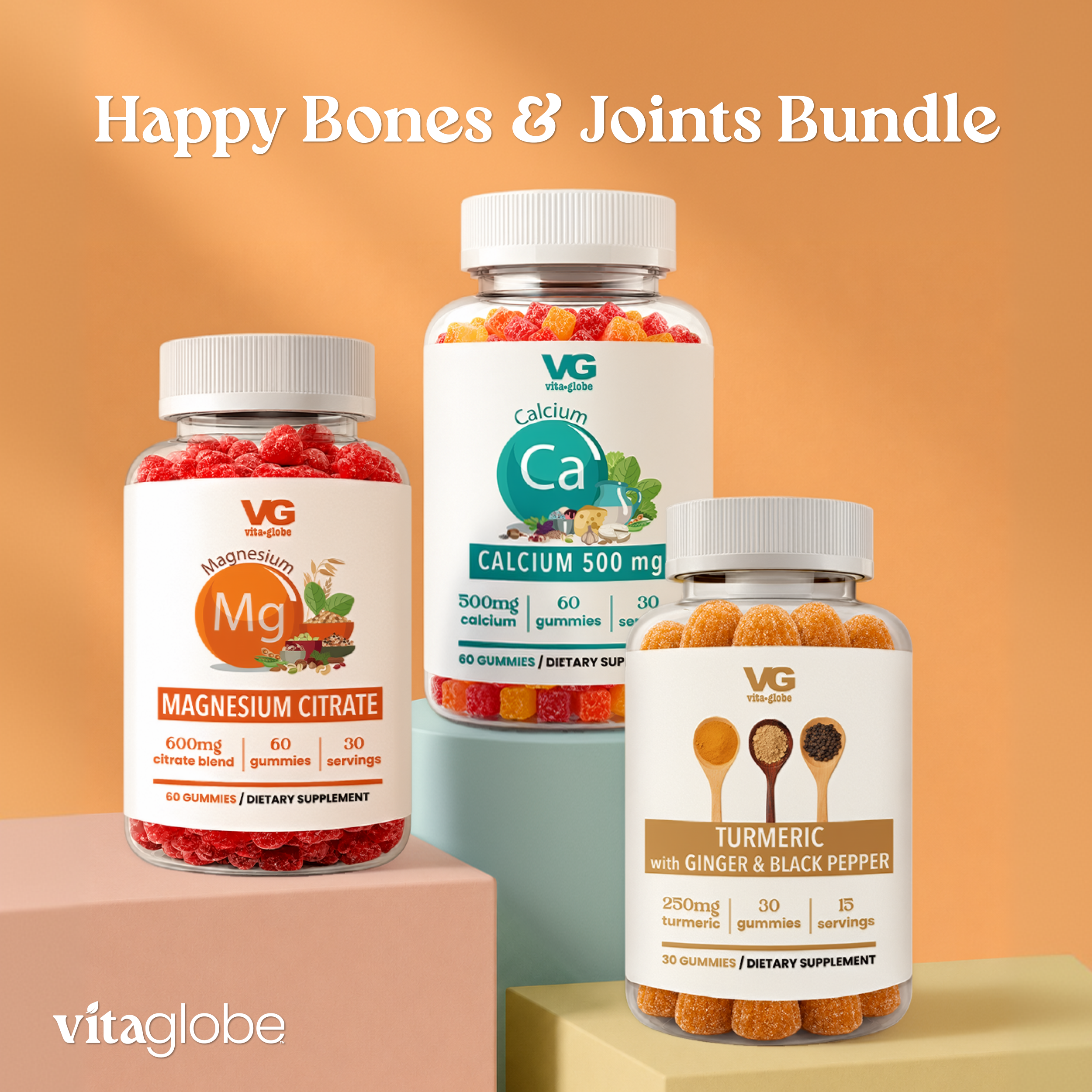 Three supplement bottles from VITAGLOBE arranged on pastel blocks against a warm peach background, with the text 'Happy Bones & Joints Bundle' at the top. The bottles are labeled Magnesium Citrate, Calcium 500 mg, and Turmeric with Ginger & Black Pepper.