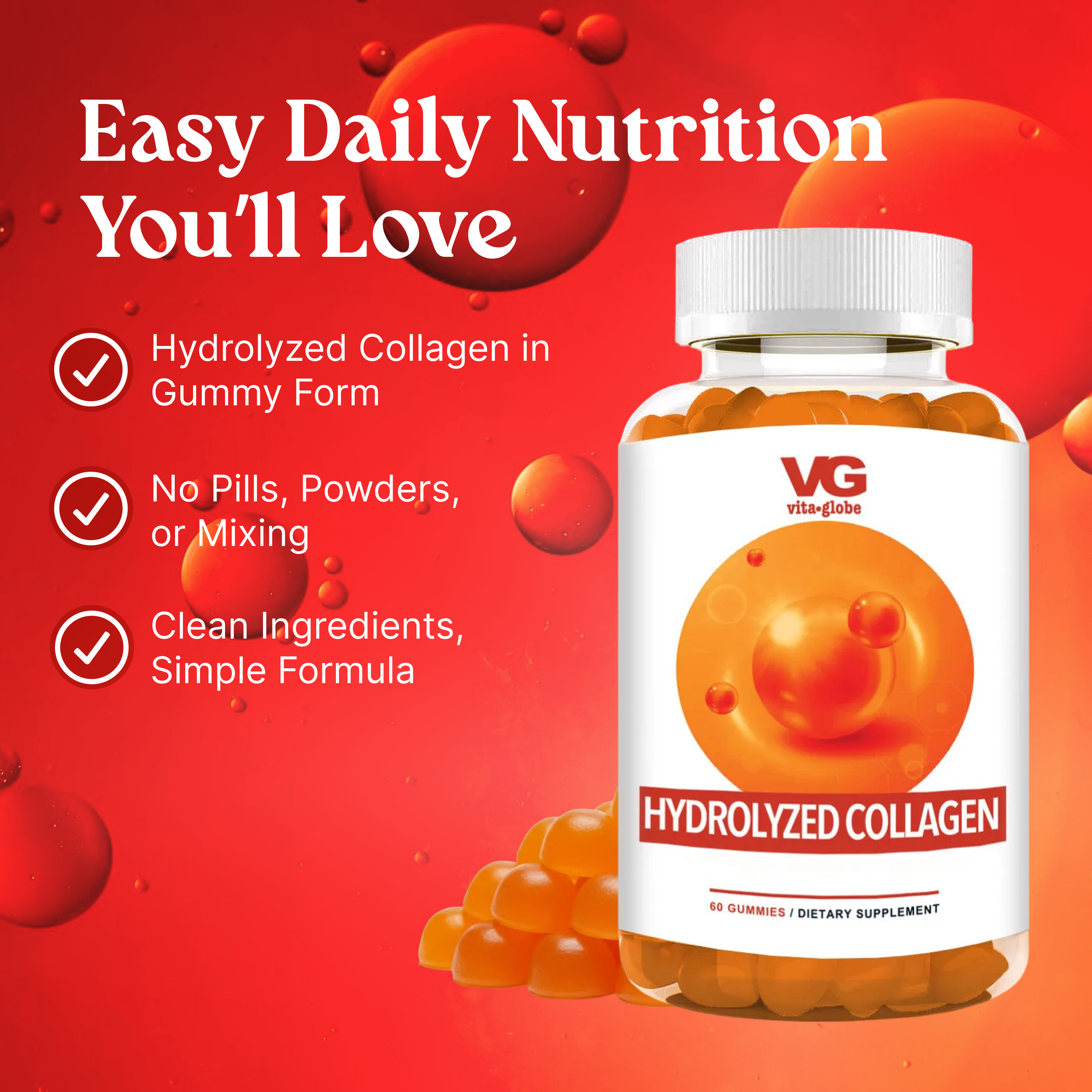 Bottle of VG Hydrolyzed Collagen gummies on a red background with text highlighting features.