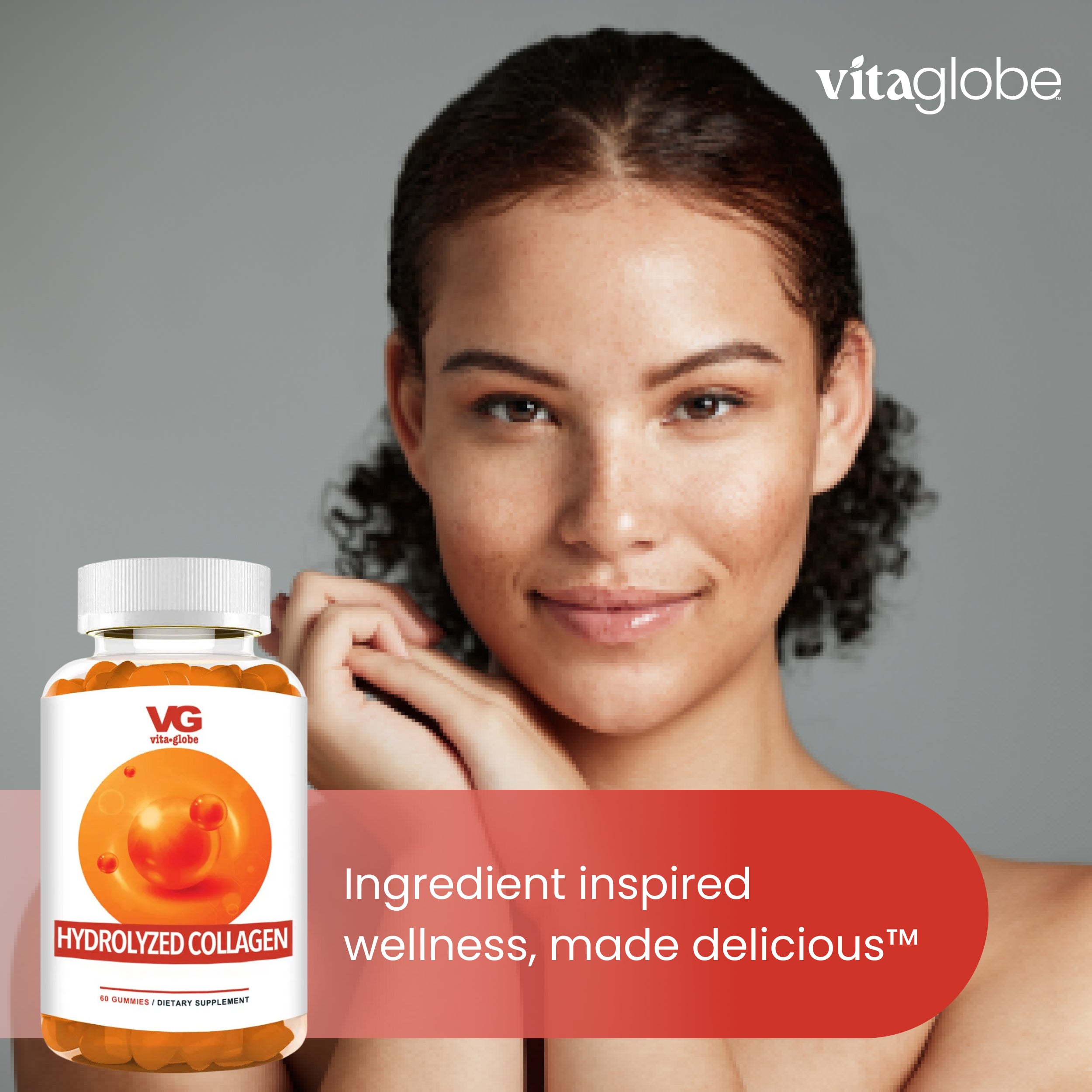 Woman holding a bottle of vitaglobe hydrolyzed collagen with a gray background
