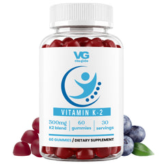 A clear plastic bottle of VG Vita-Globes Vitamin K-2 dietary supplement gummies, filled with red gummies and topped with a white cap. The white label features blue branding and text.