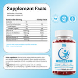 A bottle of VG Wellness Vitamin K-2 dietary supplement gummies shown next to a large Supplement Facts label. The bottle contains red gummies and has a white label with blue and green branding.