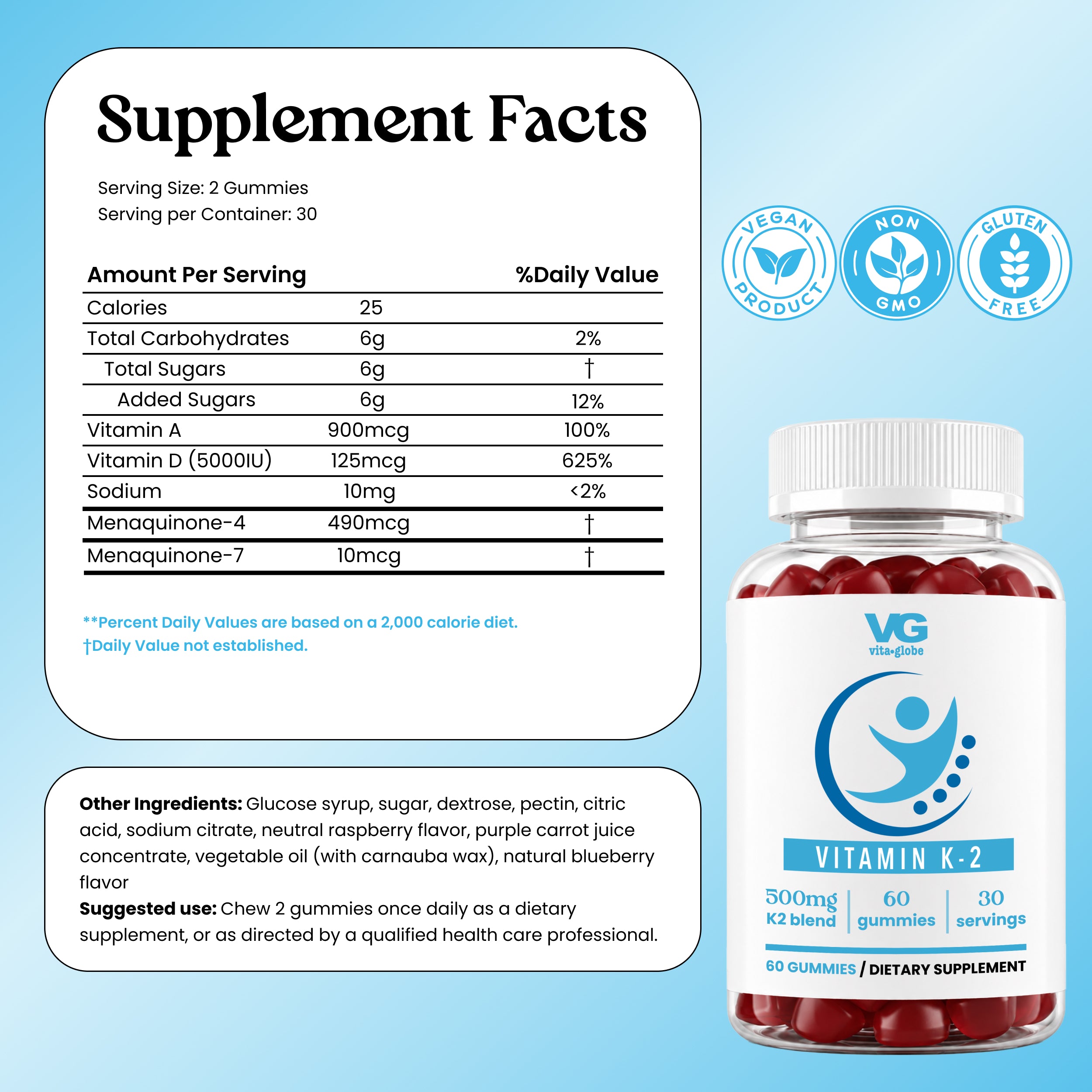 A bottle of VG Wellness Vitamin K-2 dietary supplement gummies shown next to a large Supplement Facts label. The bottle contains red gummies and has a white label with blue and green branding.