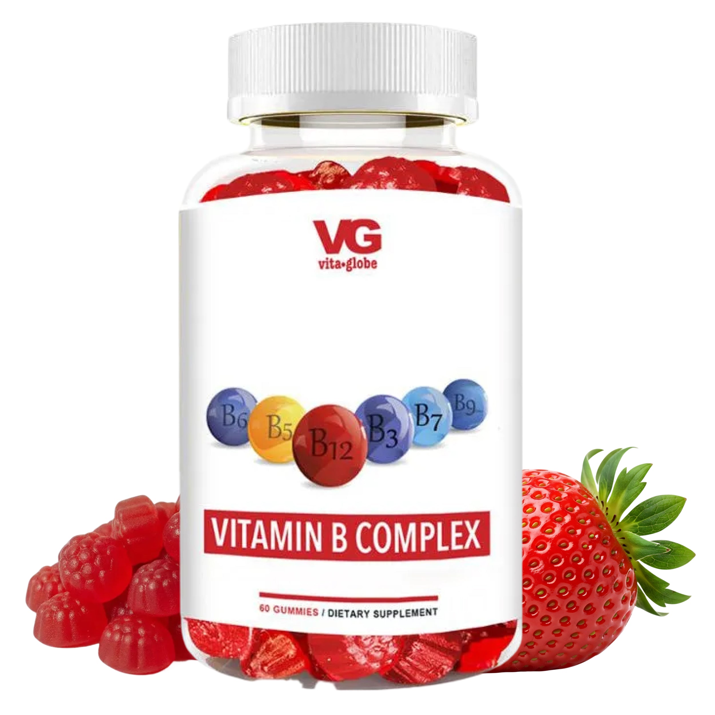 Vita-Globe Vitamin B Complex supplement bottle with gummy bears and a strawberry on a white background