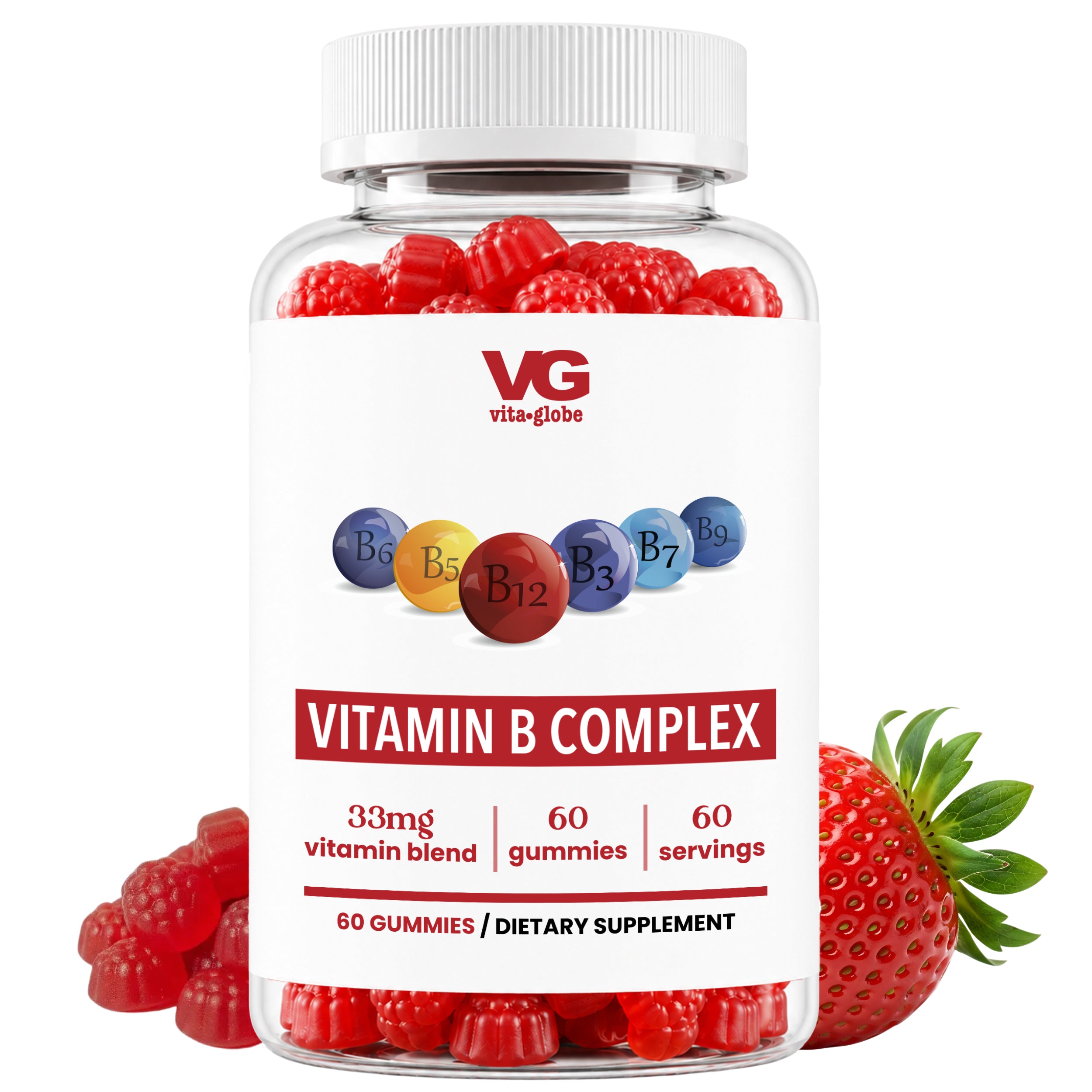Vitamin B Complex gummy supplement bottle with vitamins labeled on a white background