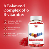 Vitamin B complex supplement bottle with red gummy bears on a red background, featuring VG Vitamins branding.