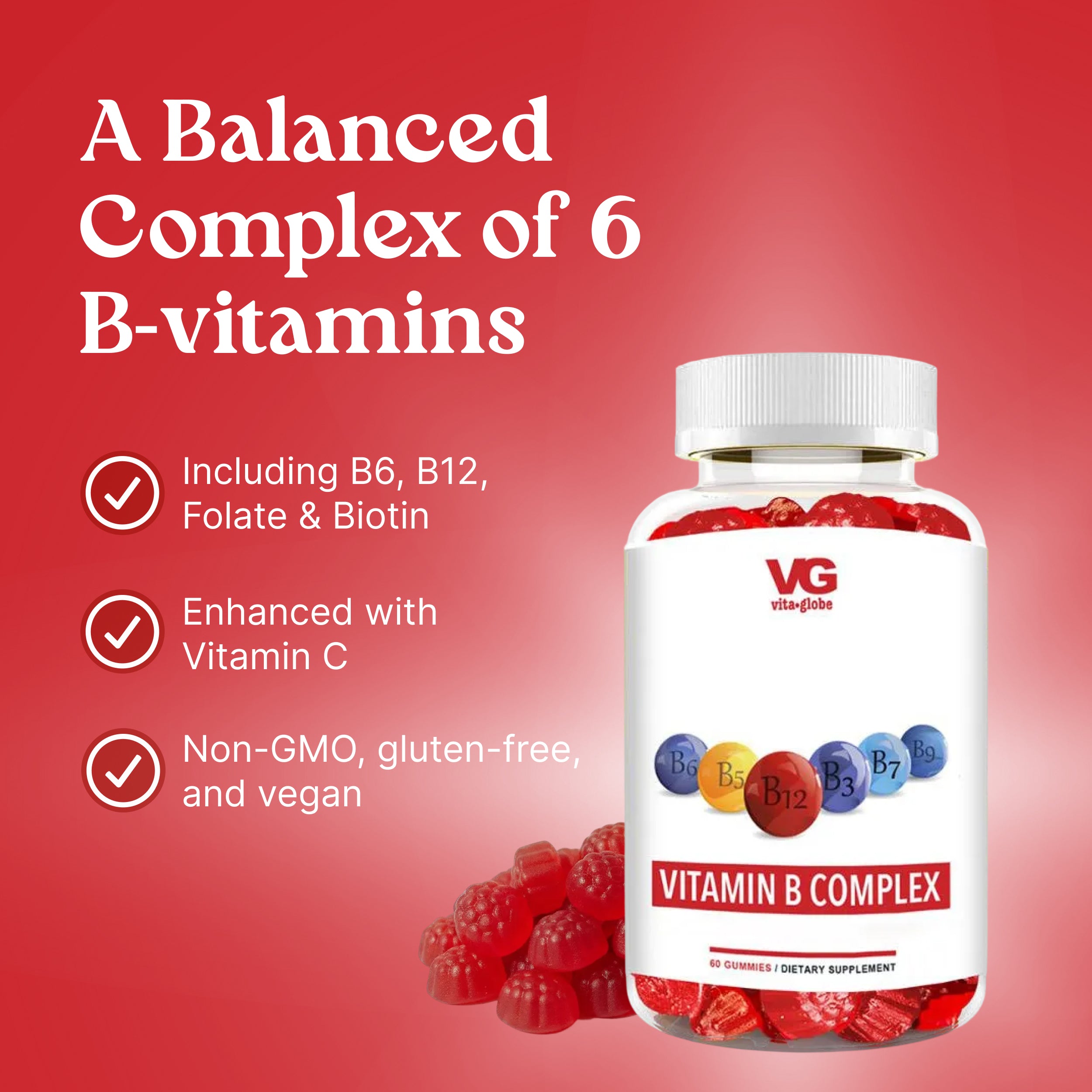 Vitamin B complex supplement bottle with red gummy bears on a red background, featuring VG Vitamins branding.
