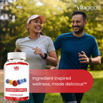 Two people running outdoors with a bottle of VitaGlobe Vitamin B Complex supplement.