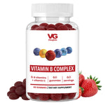 Vita Globe Vitamin B Complex gummies bottle, 60 strawberry-flavored gummies with 6 B vitamins plus vitamin C, front view with fresh strawberries