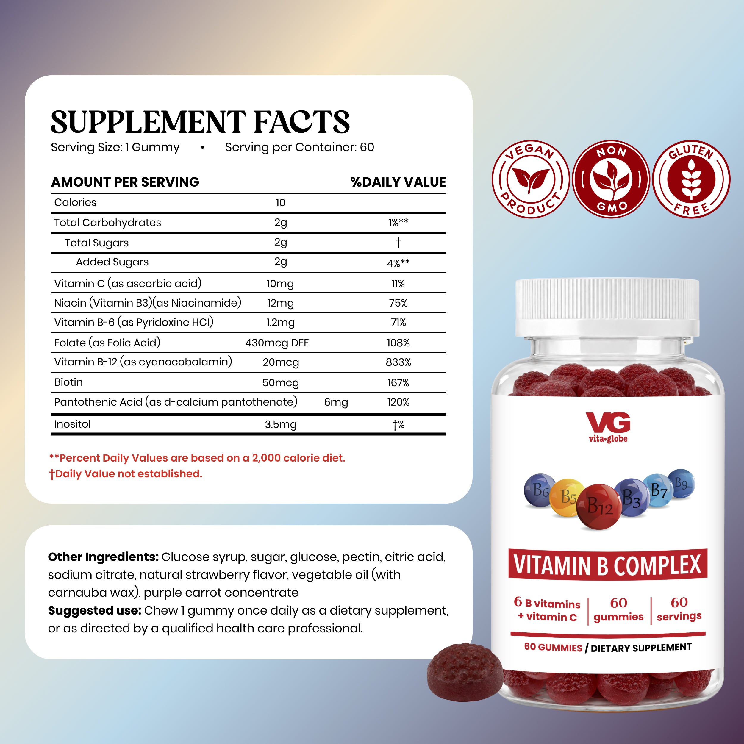 Vita Globe Vitamin B Complex gummies bottle with Supplement Facts panel