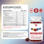 Vita Globe Vitamin B Complex Supplement Facts: per 1 gummy, B12 20mcg, niacin 12mg, B6 1.2mg, folate 430mcg DFE, biotin 50mcg, pantothenic acid 6mg, vitamin C 10mg, inositol 3.5mg