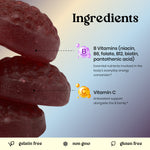 Ingredients graphic for a berry gummy, calling out B Vitamins and Vitamin C over a stack of dark berry gummies.