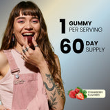 Woman smiling while eating a Vita Globe Vitamin B Complex gummy, 1 gummy per serving, 60-day supply, strawberry flavored