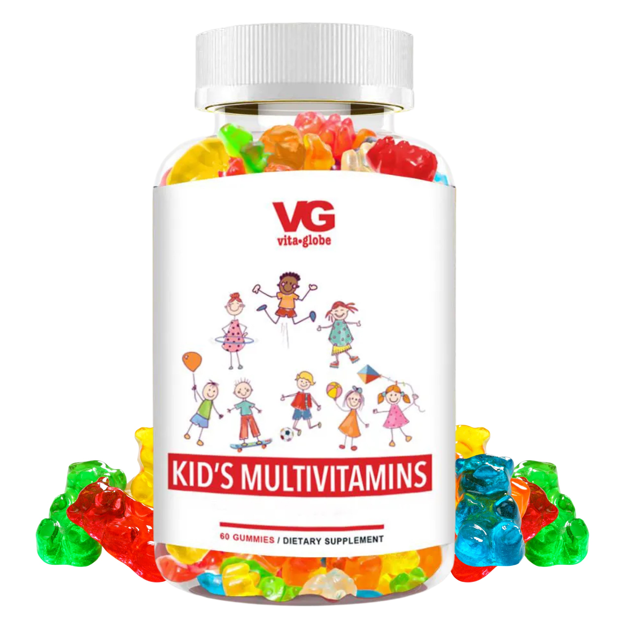 Vita-Globe Kids Multivitamins bottle with colorful gummy vitamins on a white background