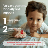 Child holding a gummy bear with text about daily gummy intake for children.