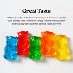 Colorful gummy bear-shaped vitamins on a white background with text about their taste and ease of use.